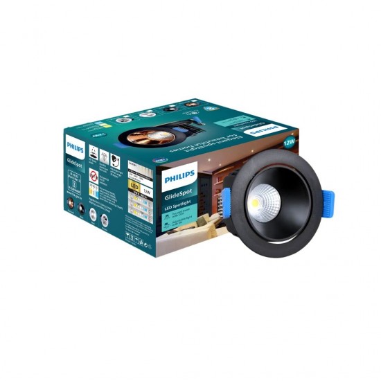 PHILIPS 12 Watt Black Reflector LED Ceiling COB Round Spot Light with Adjustable Tilt | Cut out: 82mm | Cool Day Light, Pack of 1 (Glide Spot) PHILIPS 12 Watt Black Reflector LED Ceiling COB Round Spot Light with Adjustable Tilt | Cut out: 82mm | Cool Day Light, Pack of 1 (Glide Spot)