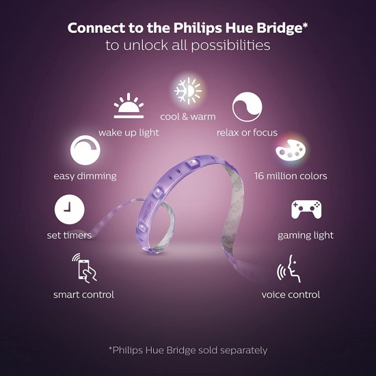 Philips Hue Gen 4 Smart Light Strip (White & Color Ambiance) 20W Base 2 Meters, Bluetooth & Zigbee Compatible (Hue Bridge Optional), Compatible with Alexa & Google Philips Hue Gen 4 Smart Light Strip (White & Color Ambiance) 20W Base 2 Meters, Bluetooth & Zigbee Compatible (Hue Bridge Optional), Compatible with Alexa & Google