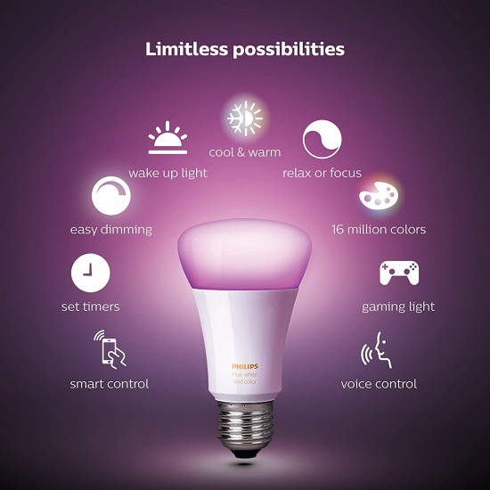 PHILIPS Hue Ambiance A19 60W LED Equivalent Smart Bulb Starter Kit Compatible with Amazon Alexa, Apple Home Kit and Google Assistant (Multicolour) - 4 PHILIPS Hue Ambiance A19 60W LED Equivalent Smart Bulb Starter Kit Compatible with Amazon Alexa, Apple Home Kit and Google Assistant (Multicolour) - 4