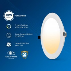 PHILIPS Ultra Glow 10-watt Round LED Downlighter | 3 Colors in 1 Recessed LED Downlight | LED Ceiling Light for Home and Hall | Cut Out: 4 inch, Color: Tunable White
