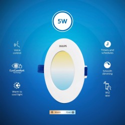 PHILIPS Smart Wi-Fi LED Downlighter 5-Watt Round Wiz Connected Compatible with Amazon Alexa and Google Assistant (Warm White/White + Dimmable)
