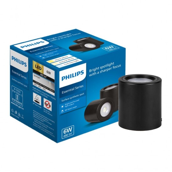 PHILIPS 6W Surface Mounted LED Spot Light | Synthetic Cylindrical COB Spot Down Light for Home & Decoration | Light Color: Cool Day Light PHILIPS 6W Surface Mounted LED Spot Light | Synthetic Cylindrical COB Spot Down Light for Home & Decoration | Light Color: Cool Day Light