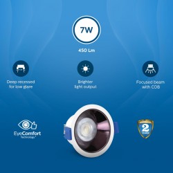 PHILIPS 7 Watt Black Reflector LED Ceiling COB Round Spot Light with Focused Beam | Cut out: 75mm | Cool Day White (Deco Bright)
