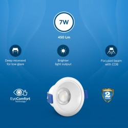 PHILIPS 7 Watt White Reflector LED Ceiling COB Round Spot Light with Focused Beam | Cut out: 75mm | Cool Day Light (Deco Bright)
