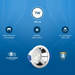 PHILIPS 7 Watt Chrome Reflector LED Ceiling COB Round Spot Light with Focused Beam | Cut out: 75mm | Cool Day Light (Deco Bright)