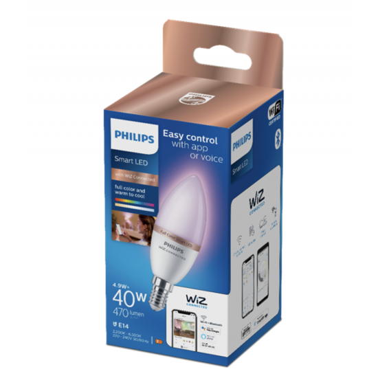 PHILIPS Smart 4.9W (Eq.40W) Candle RGB LED Bulb |Wiz Connected Decorative WiFi + Bluetooth Candle Bulb for Home & Decoration |Color: Full Color & Tunable White, Bulb Base : E14 PHILIPS Smart 4.9W (Eq.40W) Candle RGB LED Bulb |Wiz Connected Decorative WiFi + Bluetooth Candle Bulb for Home & Decoration |Color: Full Color & Tunable White, Bulb Base : E14
