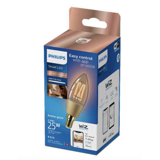 PHILIPS Smart 4.9W (Eq.25W) Filament Amber Glass Candle LED Bulb |Wiz Connected Decorative WiFi + Bluetooth Candle Bulb for Home & Decoration |Color: Tunable White, Bulb Base : E14 PHILIPS Smart 4.9W (Eq.25W) Filament Amber Glass Candle LED Bulb |Wiz Connected Decorative WiFi + Bluetooth Candle Bulb for Home & Decoration |Color: Tunable White, Bulb Base : E14