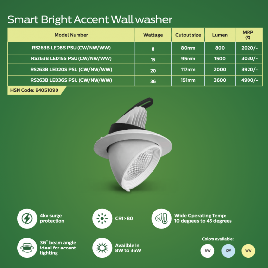PHILIPS 15W RS263B LED15S PSU Smart Bright Accent Wall washer Cut Out : 95mm PHILIPS 15W RS263B LED15S PSU Smart Bright Accent Wall washer Cut Out : 95mm