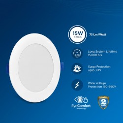 PHILIPS Astra Sleek 15-watt Round LED Downlighter | LED Ceiling Light for Home and Hall | Cut Out: 140 mm, Color: Cool Day Light