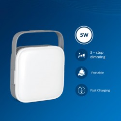 PHILIPS Ioniq 5W Portable Emergency Rechargeable LED Lantern | 3 Step Dimming Fast Charging Emergency Light for Power Cuts | Shape: Square , Colour: Grey