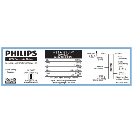 PHILIPS Xitanium 75W 0.7A 1-10V Dim 240V Led Driver PHILIPS Xitanium 75W 0.7A 1-10V Dim 240V Led Driver